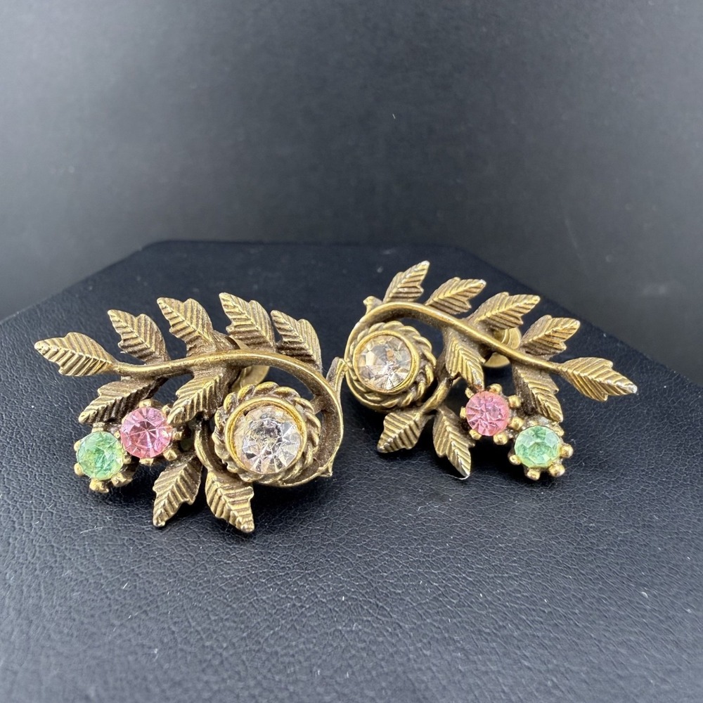 Vintage Coro Screw Back Earrings Gold tone Rhinestone Signed